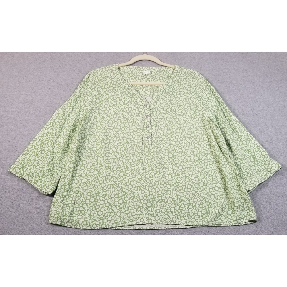 Blouse Womens 14 Green White Floral See Through Henley 3/4 Sleeve Spring Fun Top